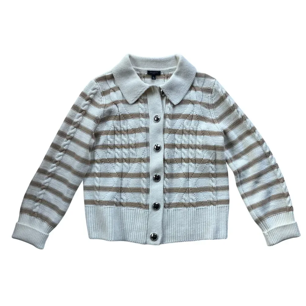 Talbots Collared Button Up Fisherman Knit Cardigan Size MP Tan White Stripe